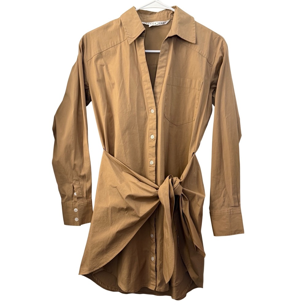 Veronica Beard Aris Tie-Front Mini Shirt‎ Dress Camel Brown Cotton Size 00